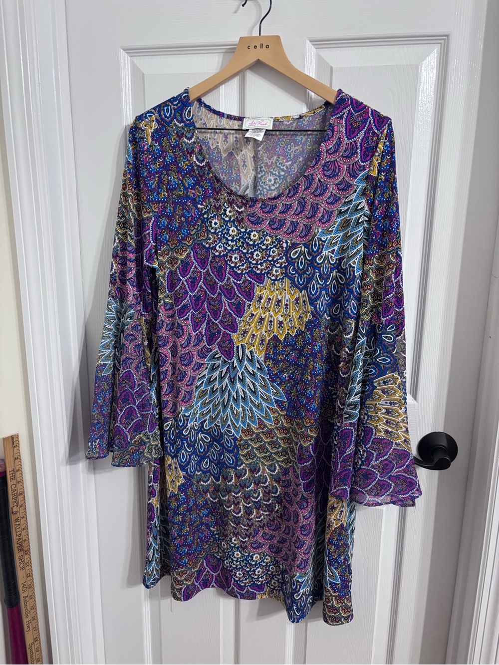Long Sleeve Printed Dress in Purple & Blue with Gold Accents